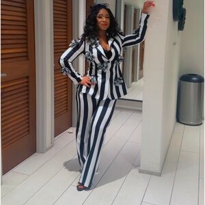 Sexy two piece black and white striped suit